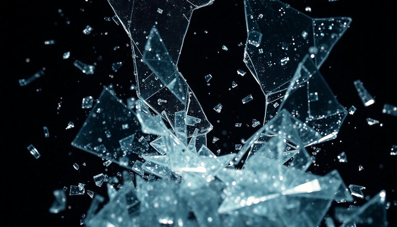 An abstract close-up image of shattered glass and glittering shards, captured in dramatic high-contrast studio lighting to convey the fragile nature of society in a post-apocalyptic world.