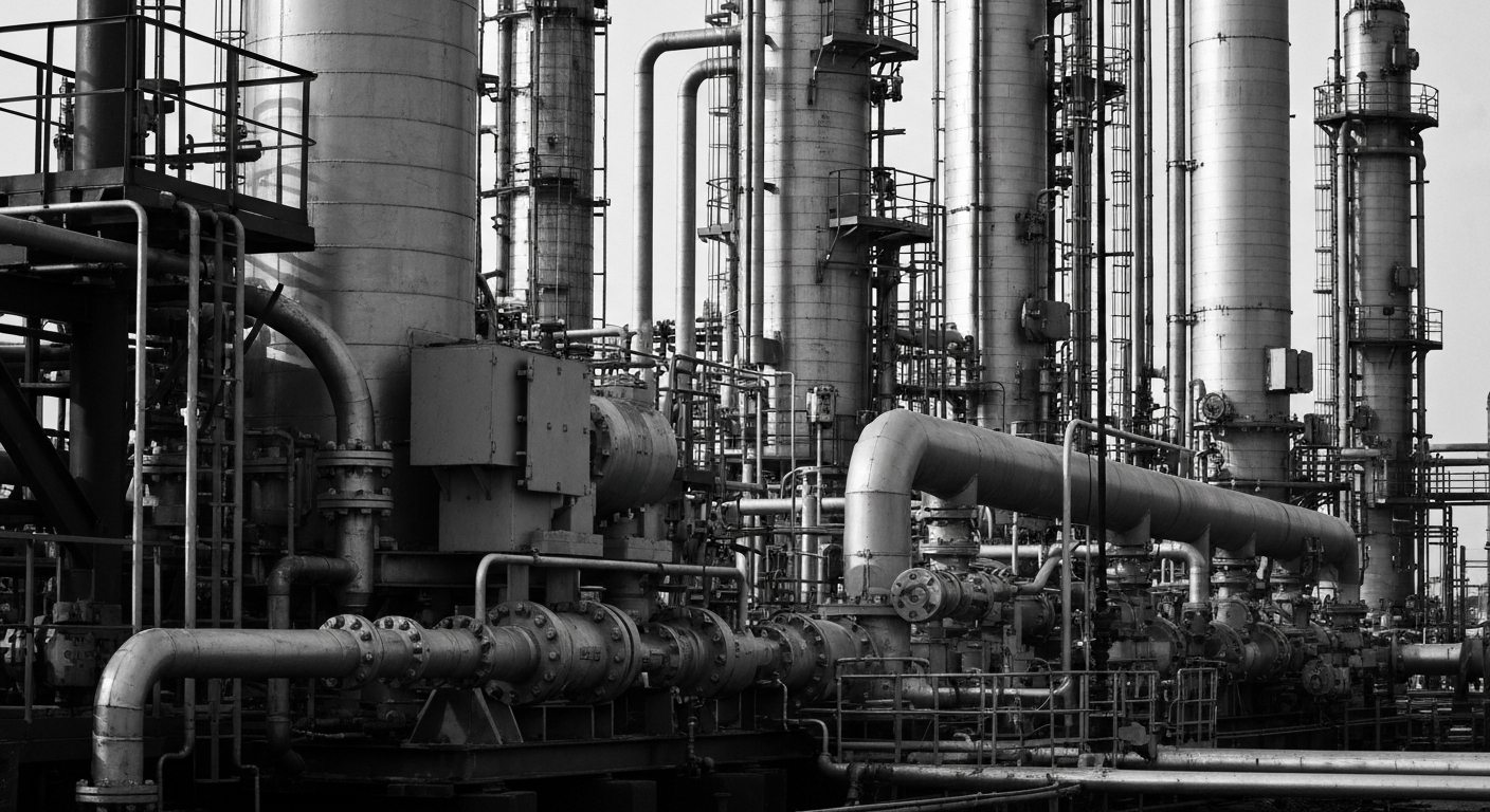 A high-contrast, black-and-white close-up image of the heavy, industrial equipment and machinery used in oil refining, conveying a sense of the scale, complexity, and physical nature of the refining process.