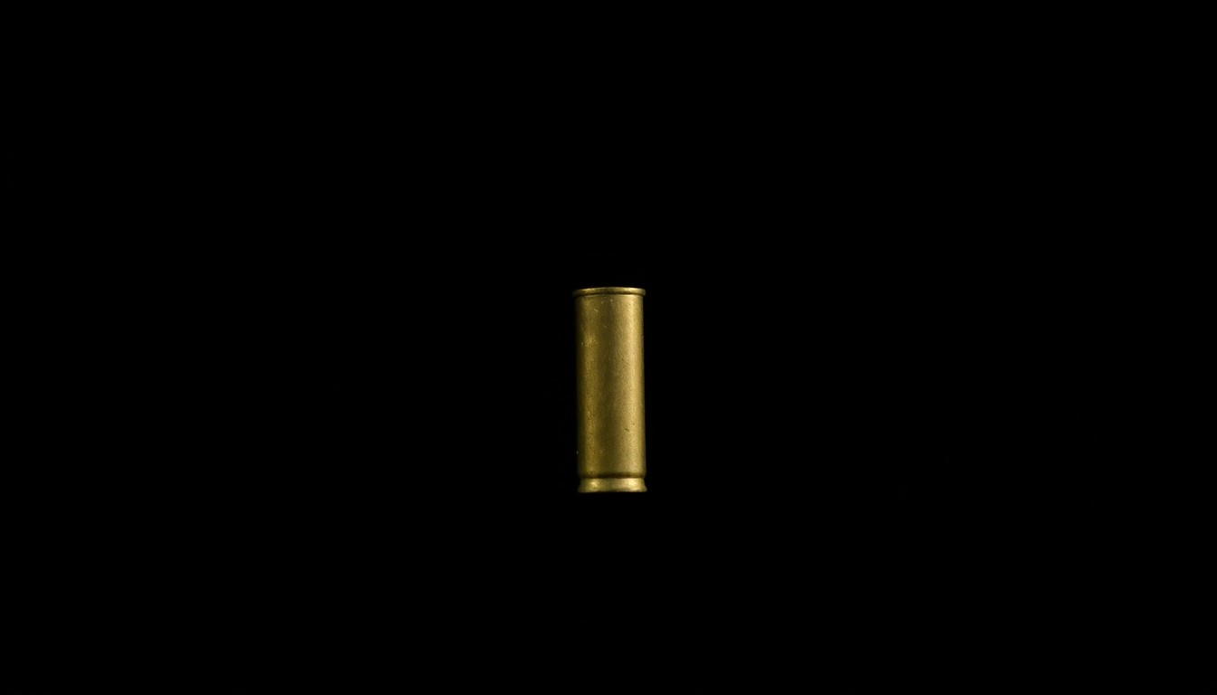 An extreme close-up photograph of a single handgun cartridge casing on a pitch-black background, lit by a harsh camera flash, conceptually representing the threat of gun violence in these alleged sexual assault cases.