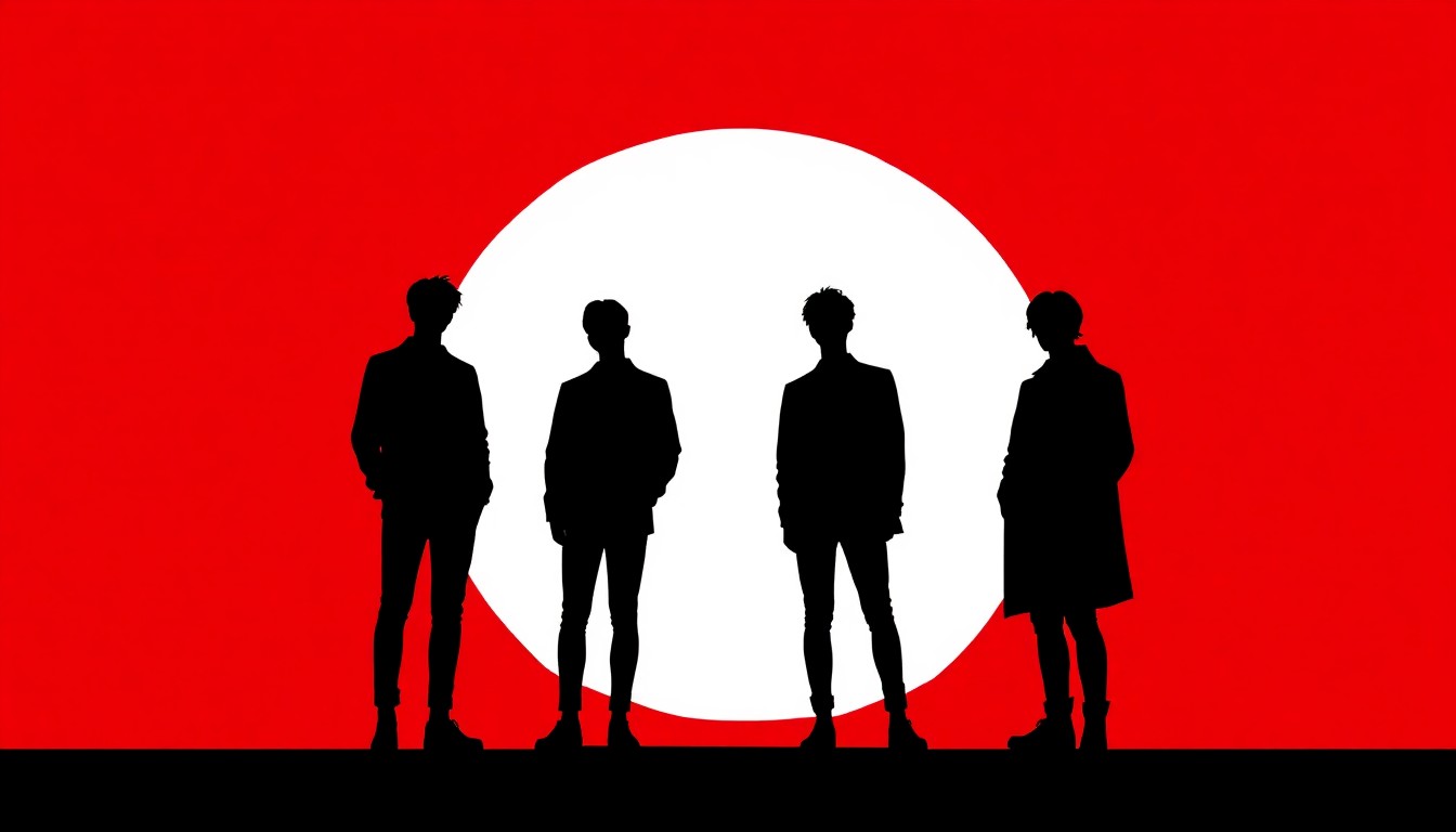 A minimalist, abstract illustration featuring bold black silhouettes of the BTS members against a striking red and white background, conveying the energy and excitement of the group's concert tour.