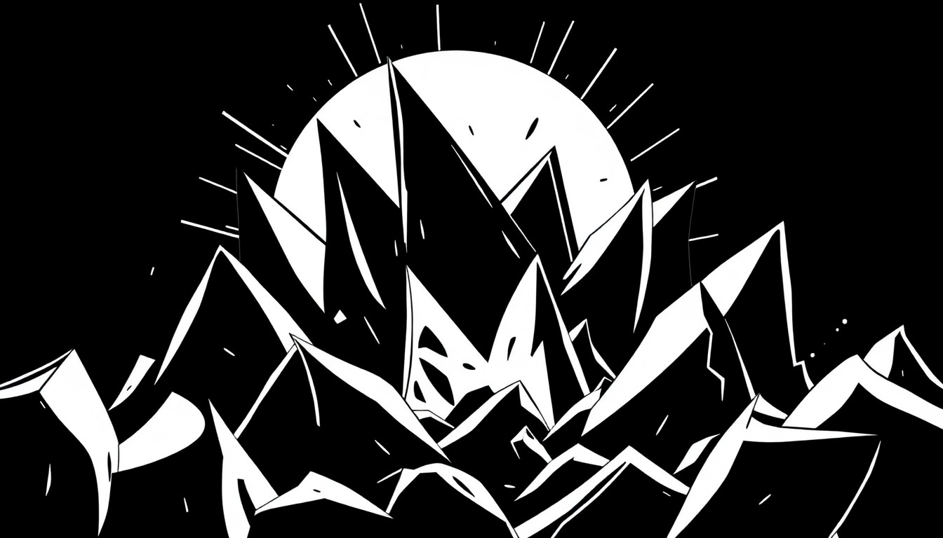 An abstract, minimalist illustration featuring sharp, angular black shapes against a stark white background, conveying the energy and excitement of a new nightlife venue opening in Brooklyn.