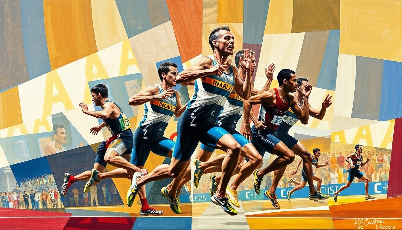 A cubist-style painting depicting the various events of a decathlon competition, with overlapping geometric shapes and planes representing the athletes in motion.