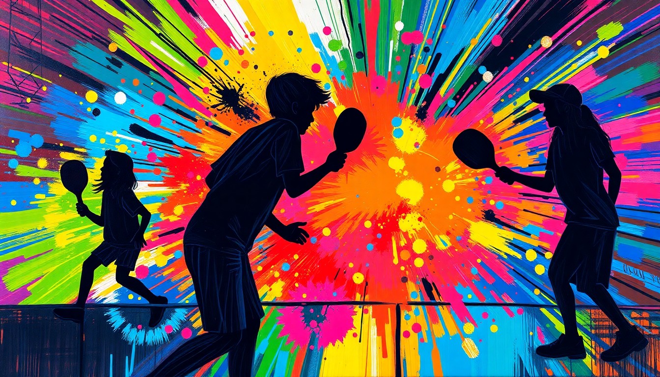 An abstract, energetic painting in neon colors depicting the dynamic motion and energy of a youth pickleball clinic, with players' forms dissolving into vibrant brushstrokes.