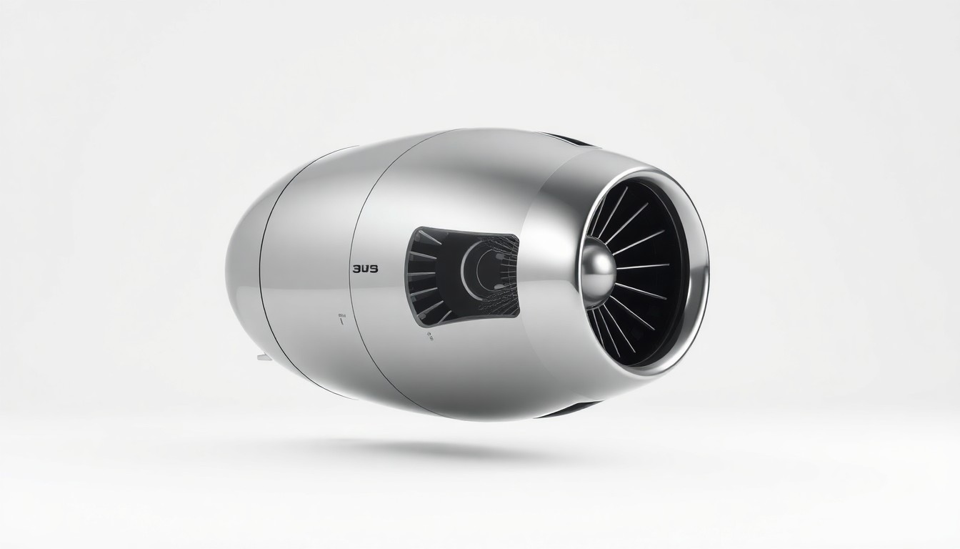 A close-up photograph of a sleek, silver private jet engine component floating on a clean, white background, conveying the precision and power of modern private aviation.