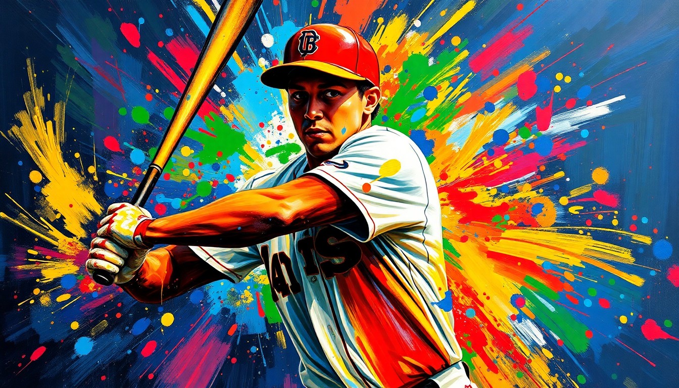 An abstract expressionist painting in vibrant neon colors, with rapid brushstrokes capturing the dynamic motion of a baseball player, their features and uniform dissolving into unrecognizable splatters, conveying the raw emotion and energy of the sport.