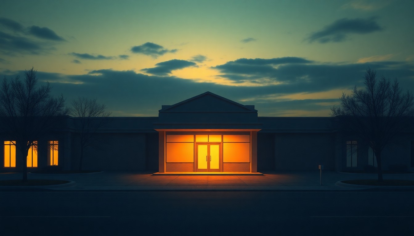 A dimly lit, cinematic painting of an empty government office space, with warm sunlight streaming through the windows and deep shadows across the desks and chairs, conveying a sense of solitude and unease.