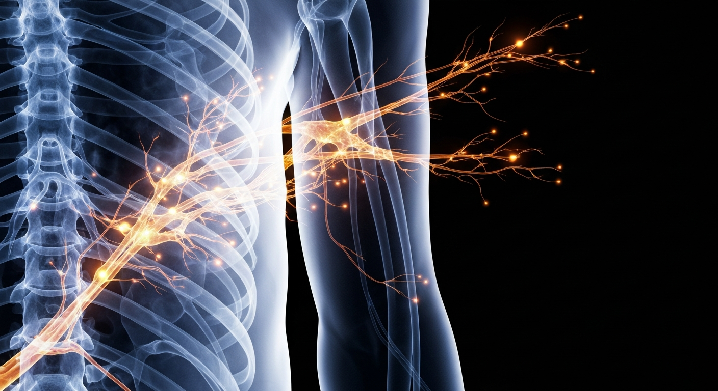 An extreme close-up X-ray photograph revealing the intricate network of the human nervous system, with glowing neural pathways and synapses against a dark background, conceptually representing the complex inner workings of the body affected by multiple sclerosis.