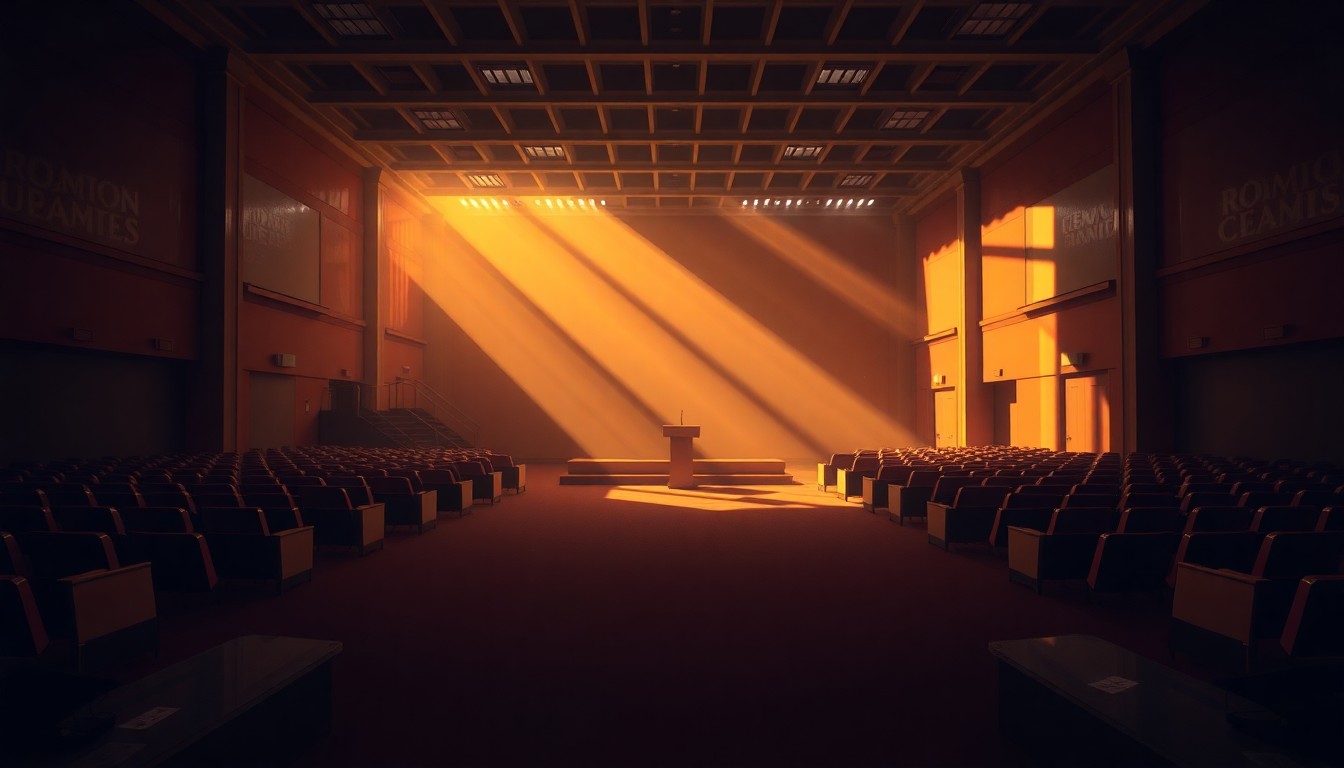 A dimly lit, cinematic painting of an empty political campaign office or debate hall, with warm sunlight streaming in through the windows and deep shadows casting across the room, creating a contemplative, nostalgic mood.