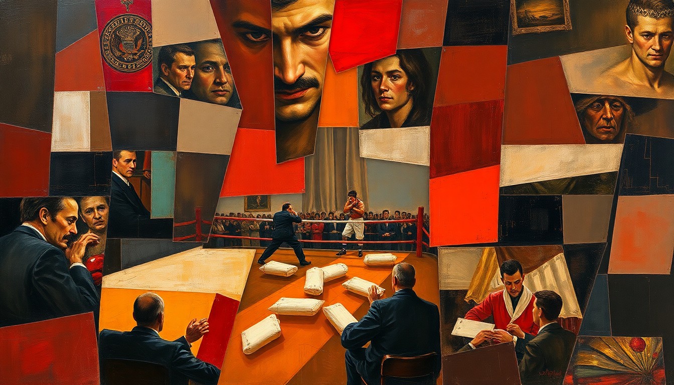 A fragmented, geometric painting depicting a boxing match or memorial scene, with sharp planes of deep red, brown, and grey colors blending together in an abstract, cubist style.