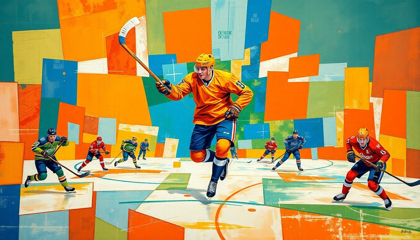 A fractured, cubist-style painting depicting a hockey player in mid-stride, surrounded by geometric shapes and planes of color, capturing the dynamic motion and energy of the game.