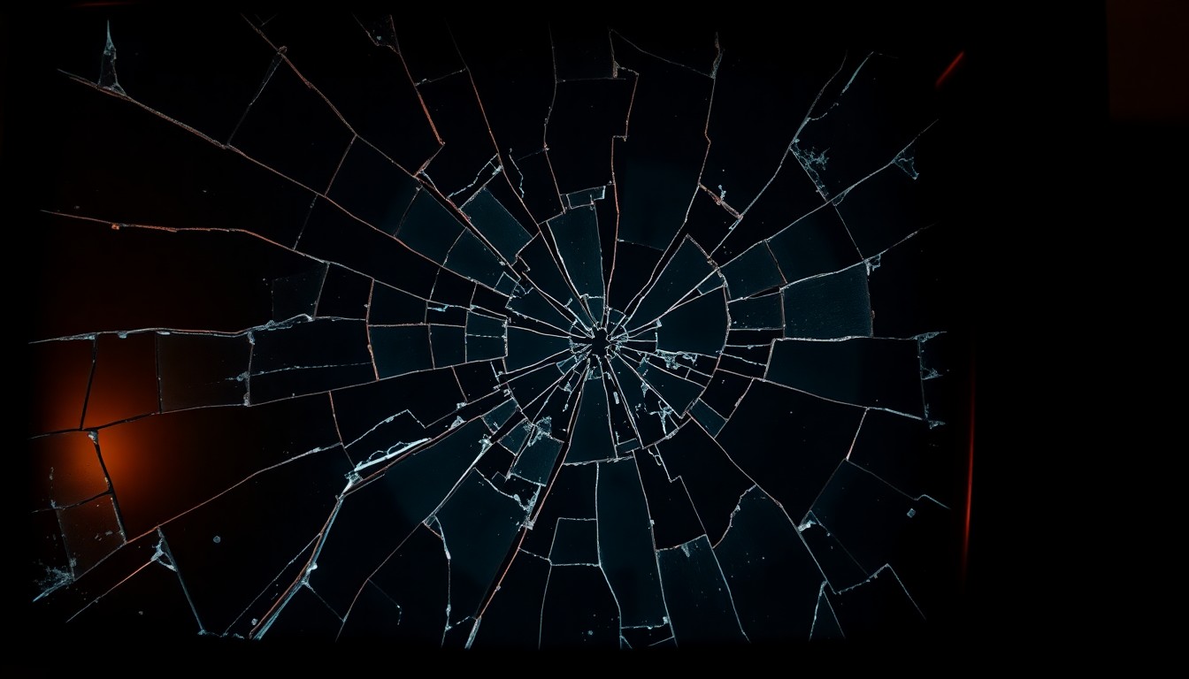 An extreme close-up photograph of a shattered, cracked TV screen, capturing the dramatic texture and high-contrast lighting to symbolize the gritty realities of investigative reporting.