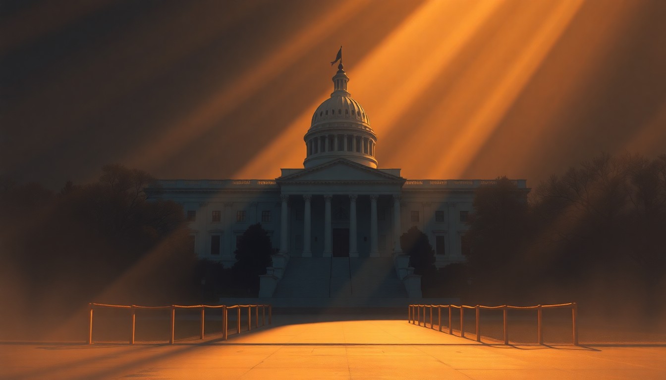 A serene, cinematic painting of a government building in warm, golden light, conveying the solemn atmosphere of a memorial service.