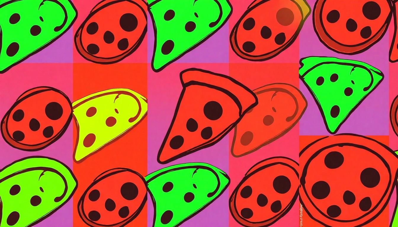 A brightly colored, high-contrast silkscreen print of an iconic Italian food item such as a pizza slice or pasta dish, repeated in a tight grid pattern in the style of Andy Warhol, conceptually representing the creative and vibrant Italian cuisine at Abruzzi Ristorante.
