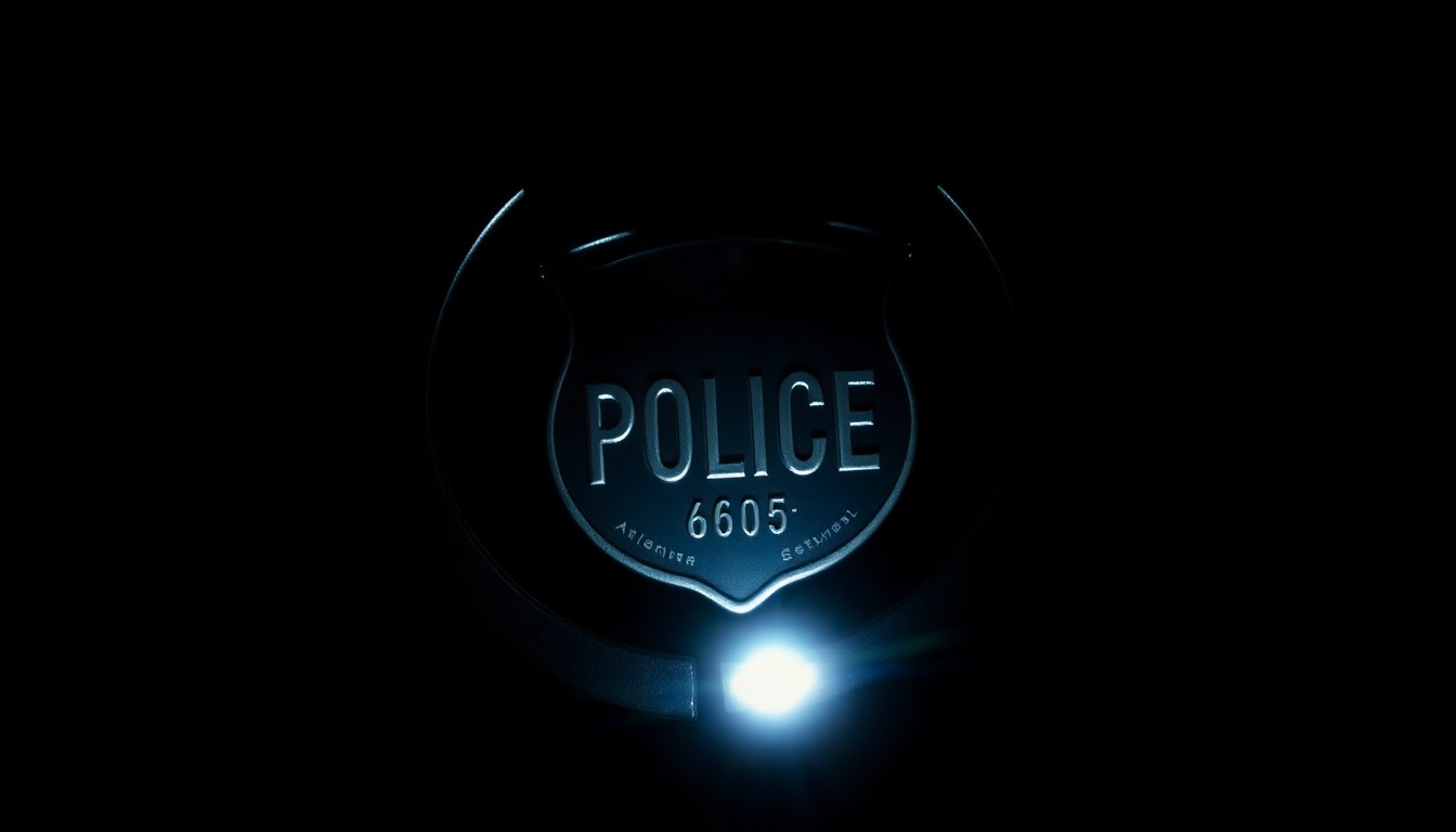 An extreme close-up photograph of a police badge or handcuff key lit by a harsh, direct camera flash against a pitch-black background, conveying a stark, gritty, and investigative aesthetic.