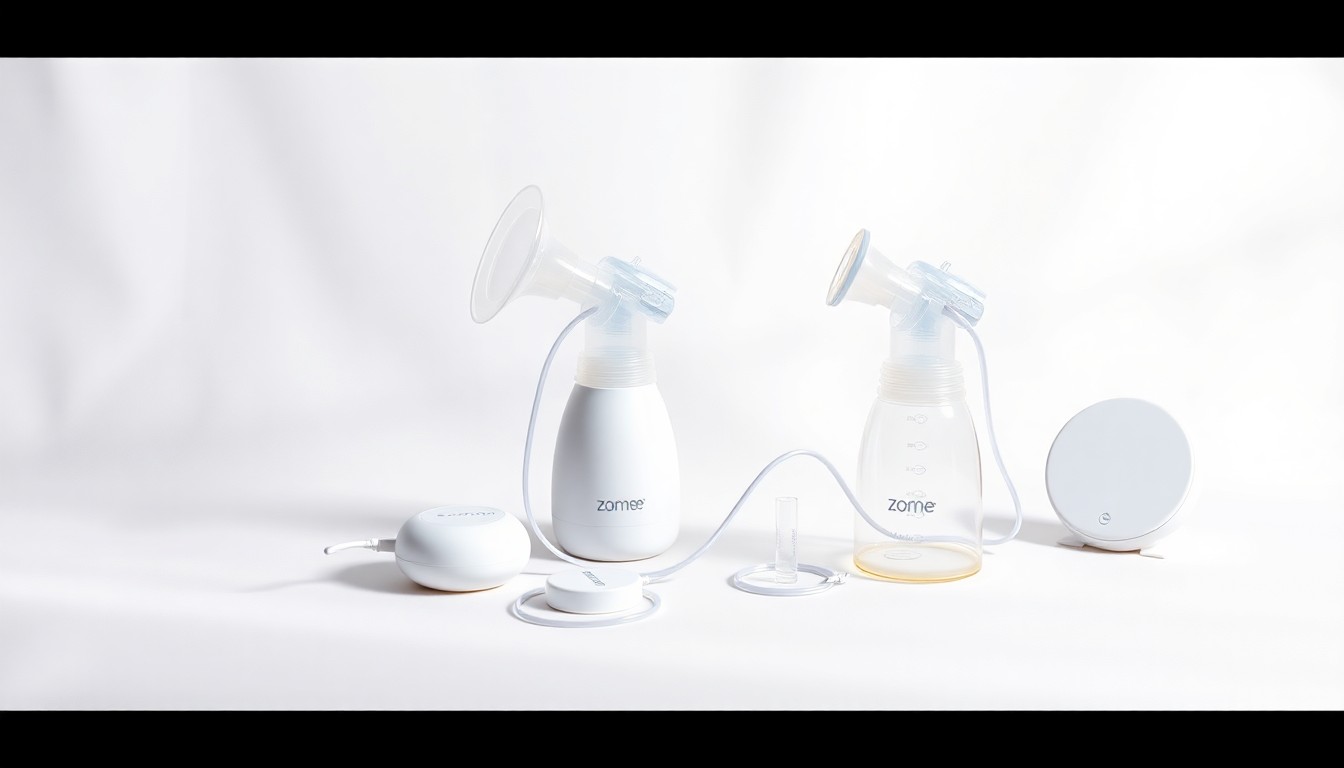 A photorealistic studio still-life photograph featuring a Zomee breast pump and accessories arranged elegantly on a clean, white background, conveying the brand's commitment to premium quality and design.