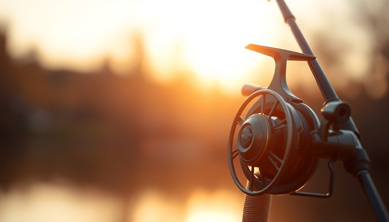 An extremely abstracted, out-of-focus photograph of a fishing rod and reel in warm, golden light, evoking the tranquility and natural beauty that Nicholas Genemaras found in his favorite hobby.