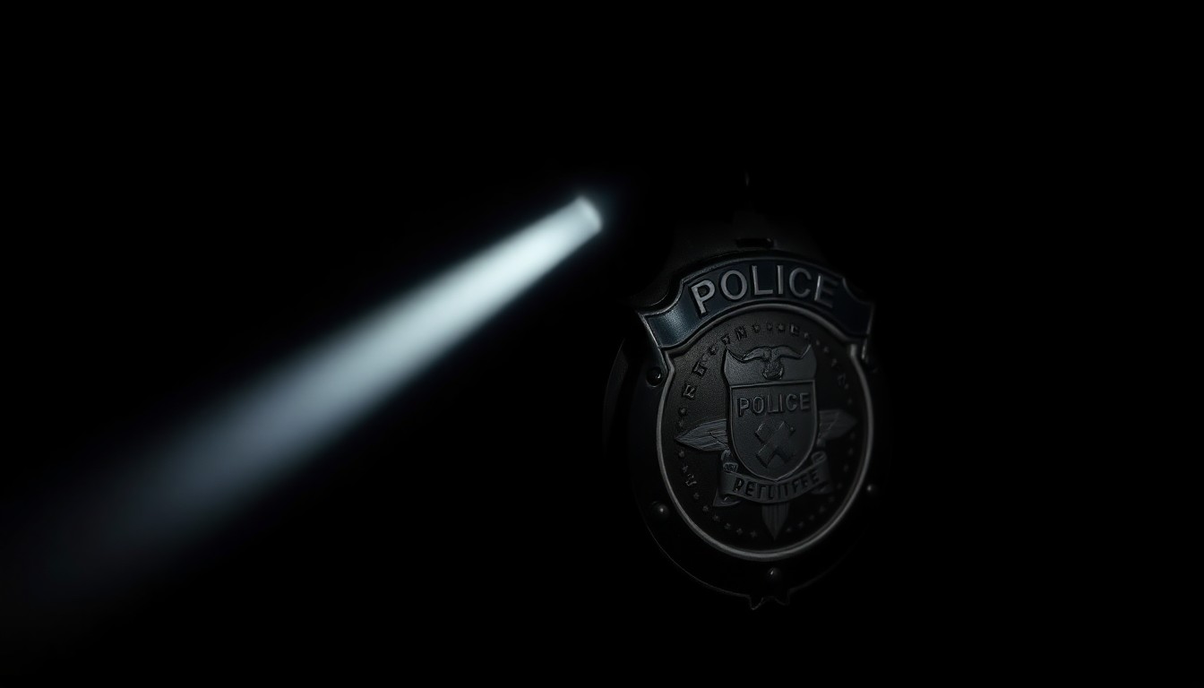 An extreme close-up photograph of a police badge or handcuffs lit by a harsh, direct camera flash against a pitch-black background, creating a stark, gritty, investigative aesthetic.