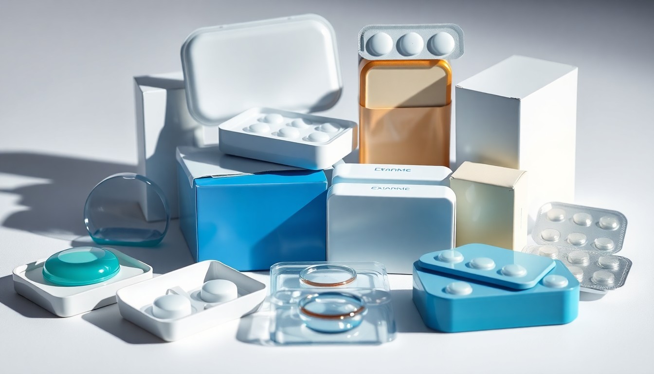 A high-end, photorealistic studio still life featuring a carefully arranged composition of clean, polished contact lens cases, blister packs, and other eye care products made from premium materials like glass, metal, and smooth plastics, conceptually representing the sustainable recycling efforts in the eye care industry.