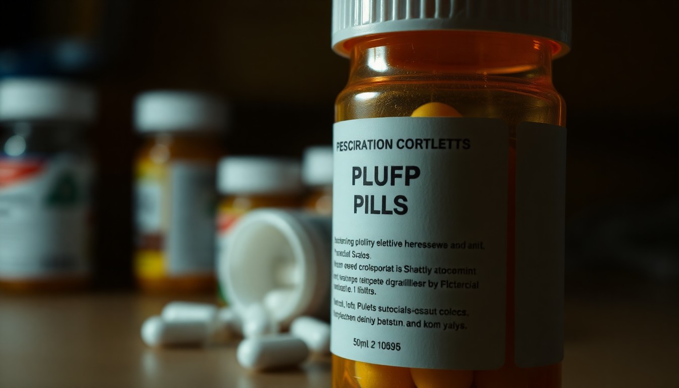 An extreme close-up of a prescription pill bottle, the harsh lighting and shallow depth of field creating a stark, gritty, investigative aesthetic.