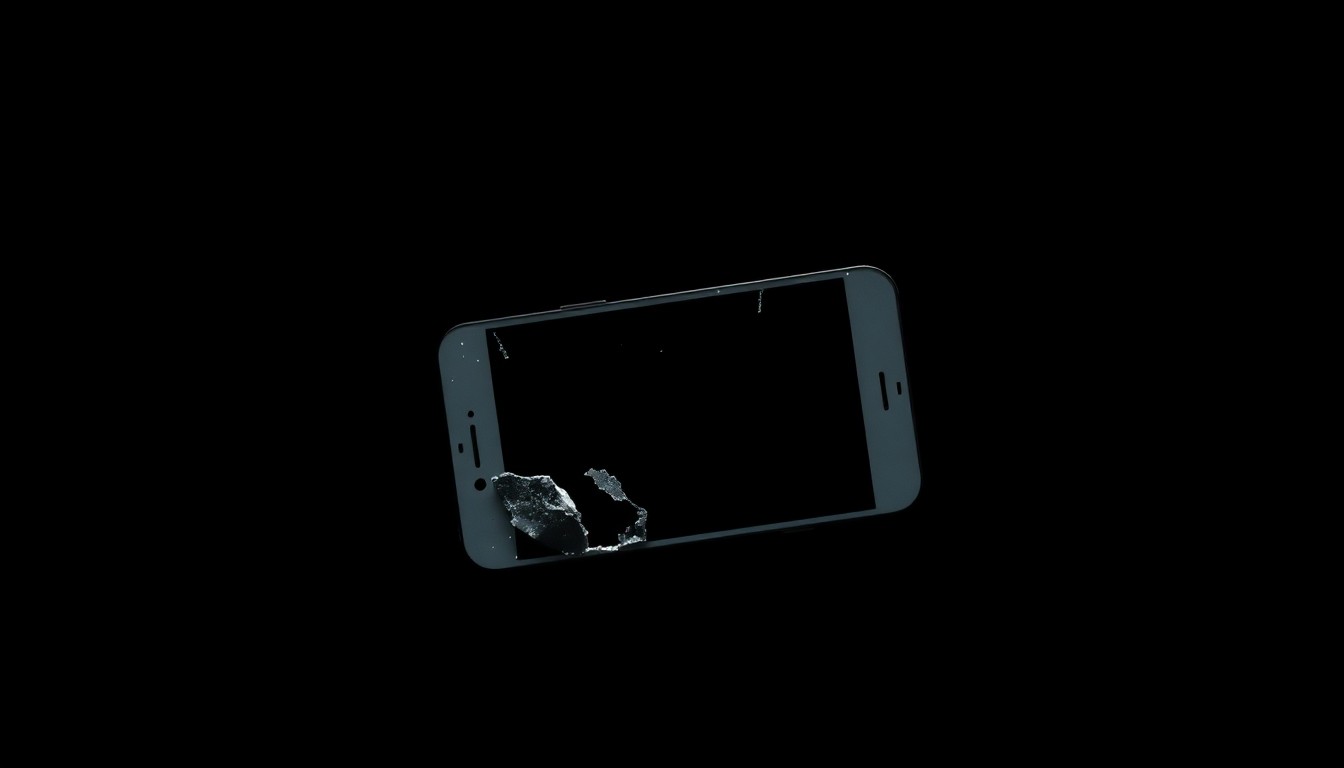 An extreme close-up photograph of a broken smartphone or computer device against a pitch-black background, lit by a harsh, direct camera flash, conceptually representing the digital tools used to exploit children online.