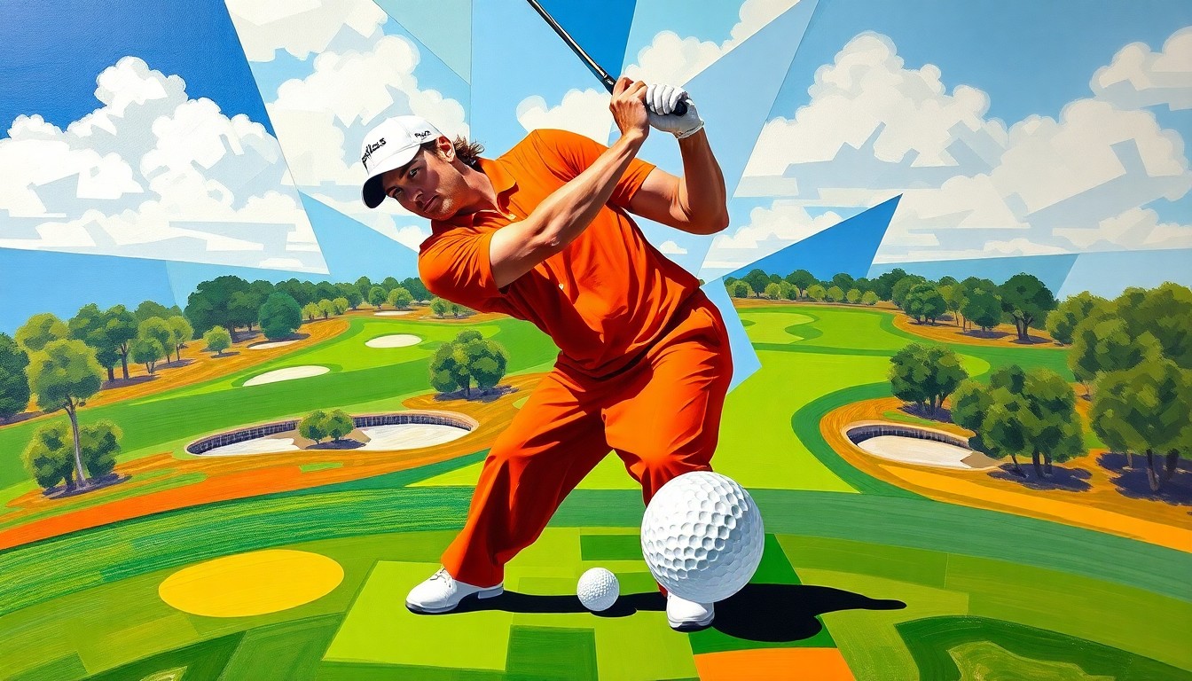 A fractured, cubist-style painting depicting Rickie Fowler's golf shot on the 14th hole at the RBC Heritage, with the ball's trajectory and the golf course elements broken down into sharp, overlapping geometric shapes and planes in vibrant colors.