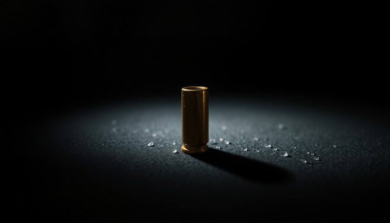 An extreme close-up photograph of a single bullet casing on a dark, textured surface, lit by a harsh, direct camera flash, conceptually representing the violent crime that led to the death of a pregnant woman.