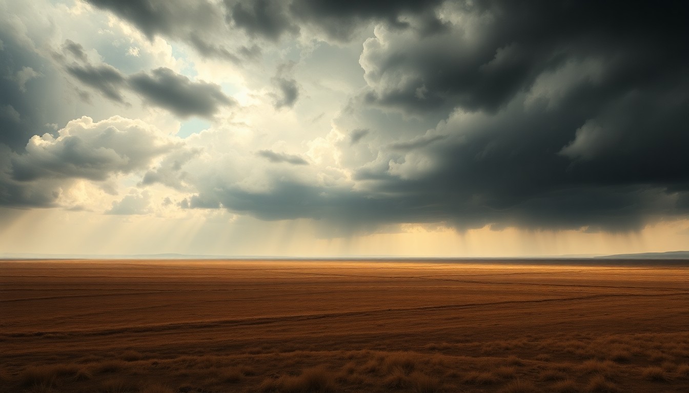 A vast, atmospheric landscape painting in muted earth tones, with a sweeping, desolate field under a heavy, ominous sky. The scene uses deep perspective and dramatic backlighting to convey the melancholic scale of the drought's impact, dwarfing any physical structures or objects within the frame.