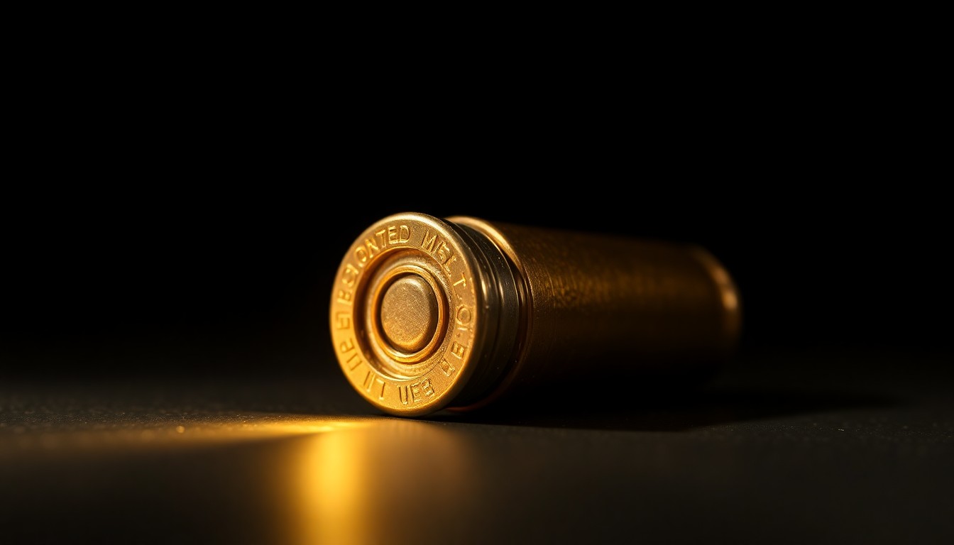 An extreme close-up photograph of a single bullet casing on a dark surface, the harsh flash creating dramatic shadows and highlights to convey the gritty, investigative nature of the crime scene.
