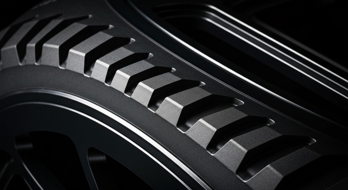 An extreme close-up of the pebbled, textured surface of a black automotive wheel, capturing the intricate engineering details in dramatic lighting and rich, saturated colors to convey the premium quality and performance-focused design.