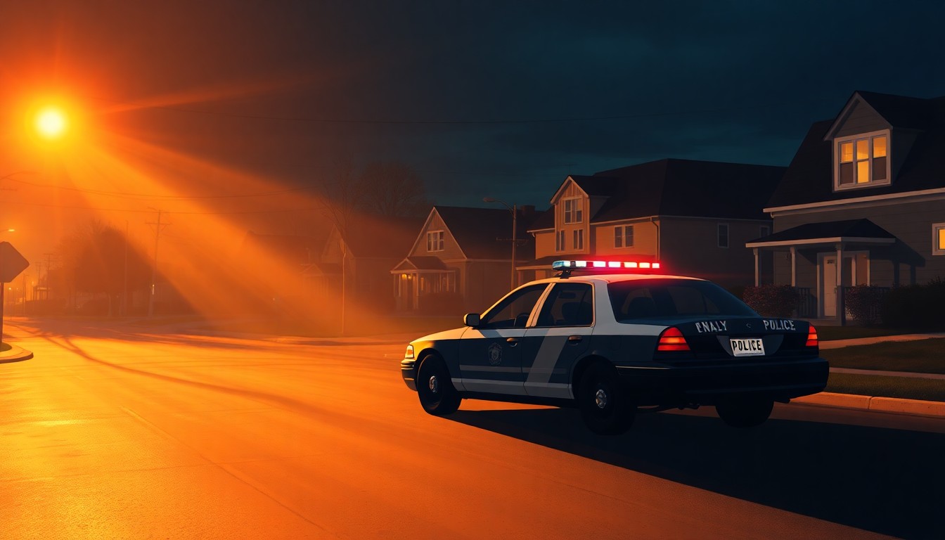 A serene painting of a lone police car parked on a residential street, with warm sunlight casting long shadows across the scene, conveying a sense of quiet unease and the impact of a local incident on a broader political landscape.