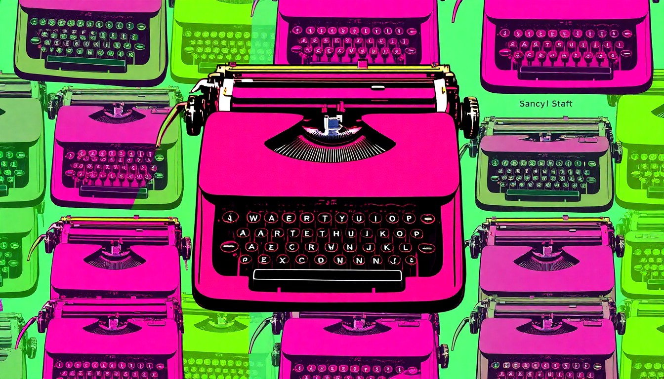 A brightly colored, high-contrast silkscreen print of a vintage typewriter repeated in a tight grid pattern, capturing the iconic journalistic tool in a modern pop art style.