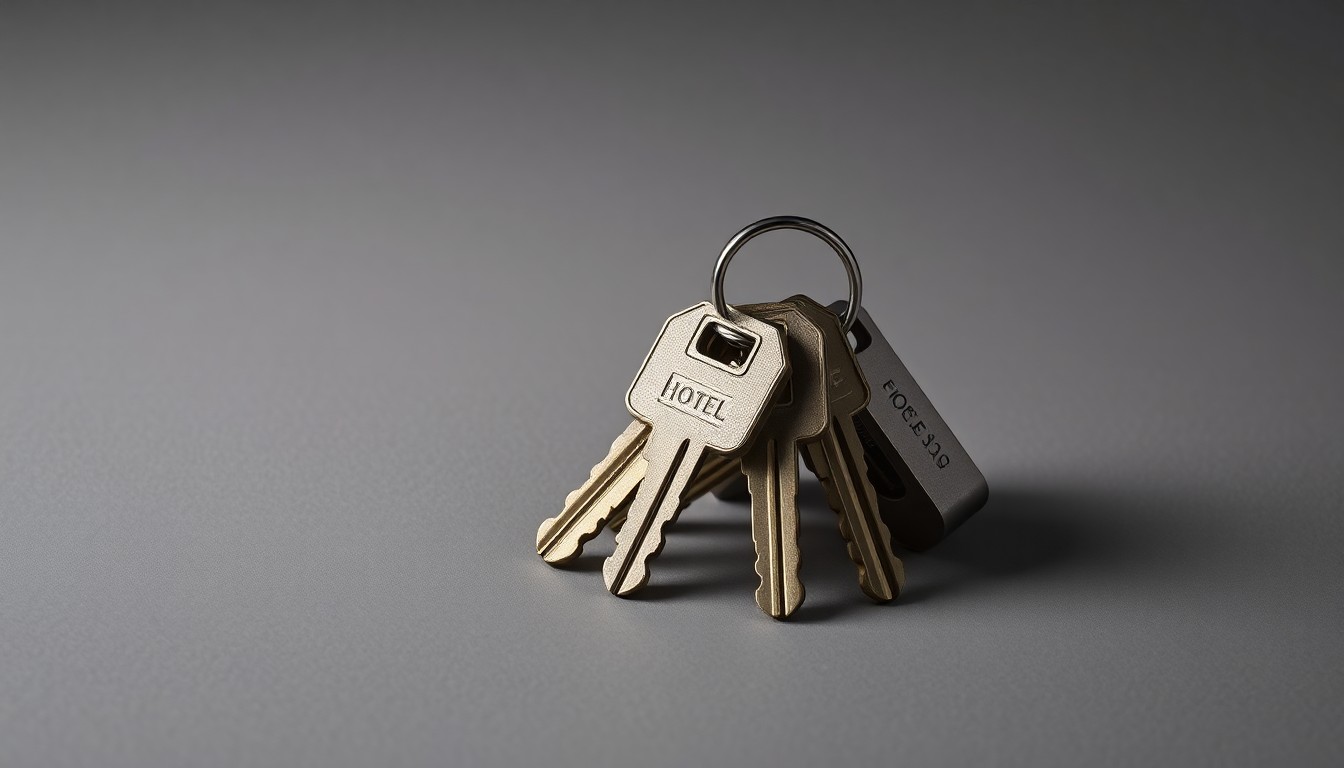 A high-end, photorealistic studio still-life photograph featuring a stack of clean, modern hotel room keys in muted metallic tones, arranged elegantly on a solid grey seamless background, conceptually representing the growth of the extended-stay hotel industry.