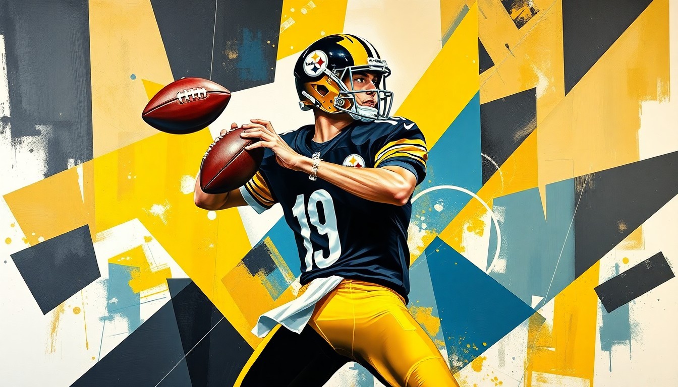 A fragmented, cubist-style painting depicting a Steelers quarterback dropping back to pass, with the figure broken down into sharp, overlapping geometric shapes in shades of black, gold, and steel blue, conveying the dynamic movement and energy of the play.