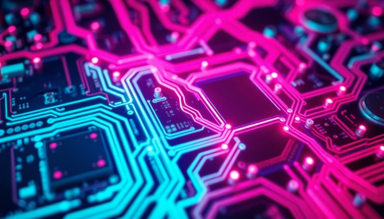 A highly detailed, glowing 3D macro illustration of a complex circuit board with neon cyan and magenta lights pulsing through the wires and components, conceptually representing the advanced AI infrastructure at the heart of the Anthropic and Pentagon dispute.