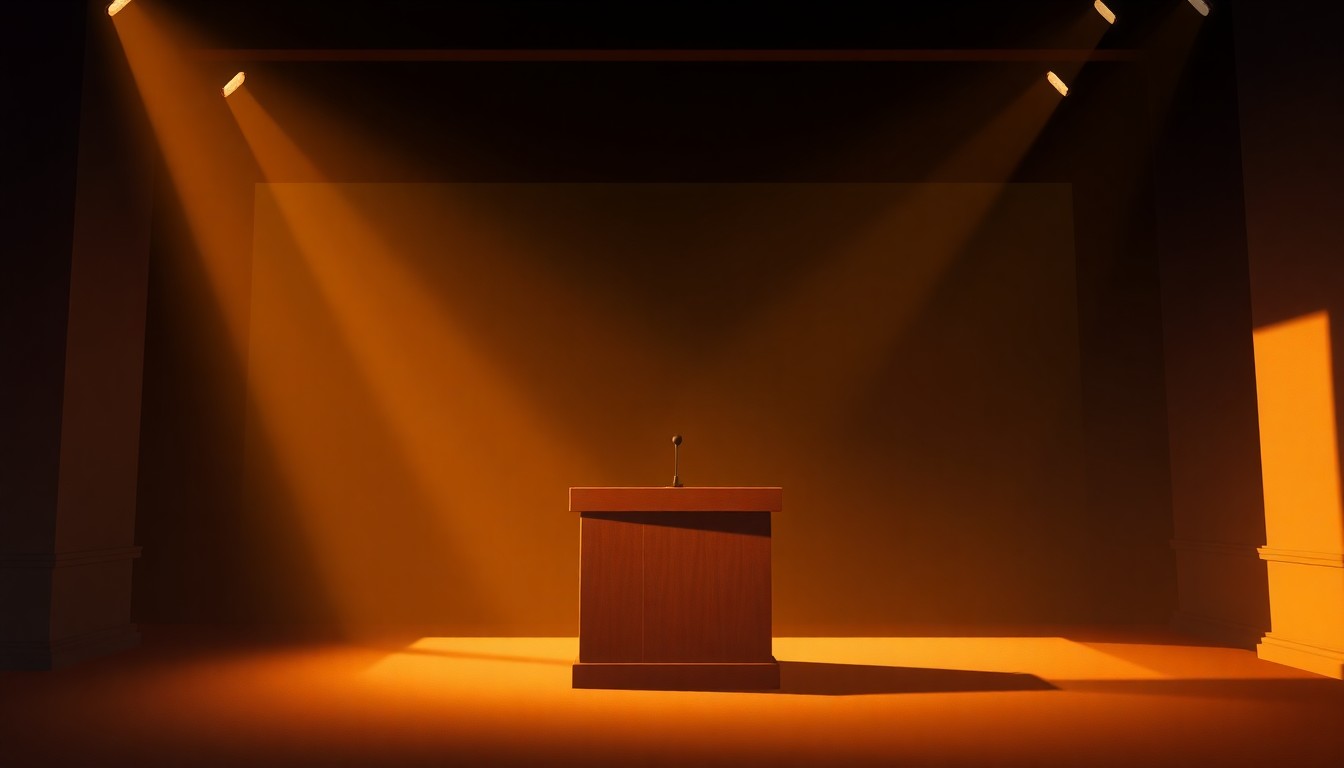 A dimly lit, cinematic painting of an empty debate stage with a solitary podium, the scene bathed in warm, golden light and deep shadows, conveying a sense of quiet contemplation and political introspection.