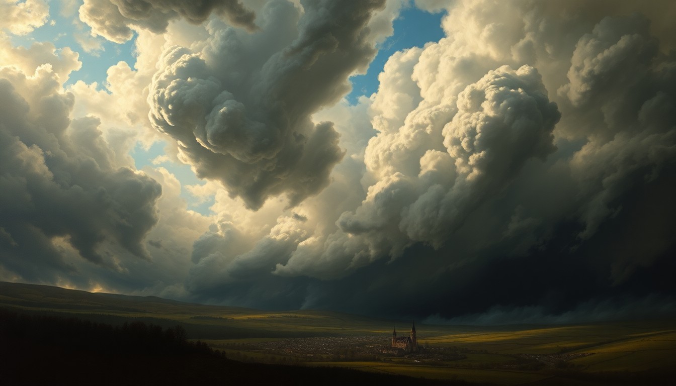 A dramatic, atmospheric landscape painting depicting a stormy sky with heavy, swirling clouds and dramatic backlighting, dwarfing a small town or rural landscape below.