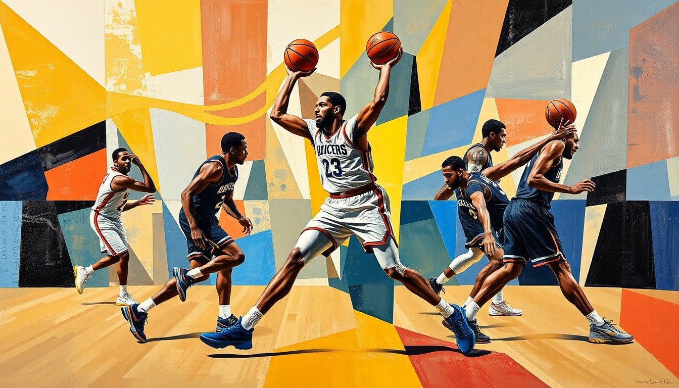 A cubist-style painting featuring sharp, overlapping geometric shapes and planes in muted tones, conceptually representing the fragmented and unpredictable nature of Anthony Davis' injury history in the NBA.