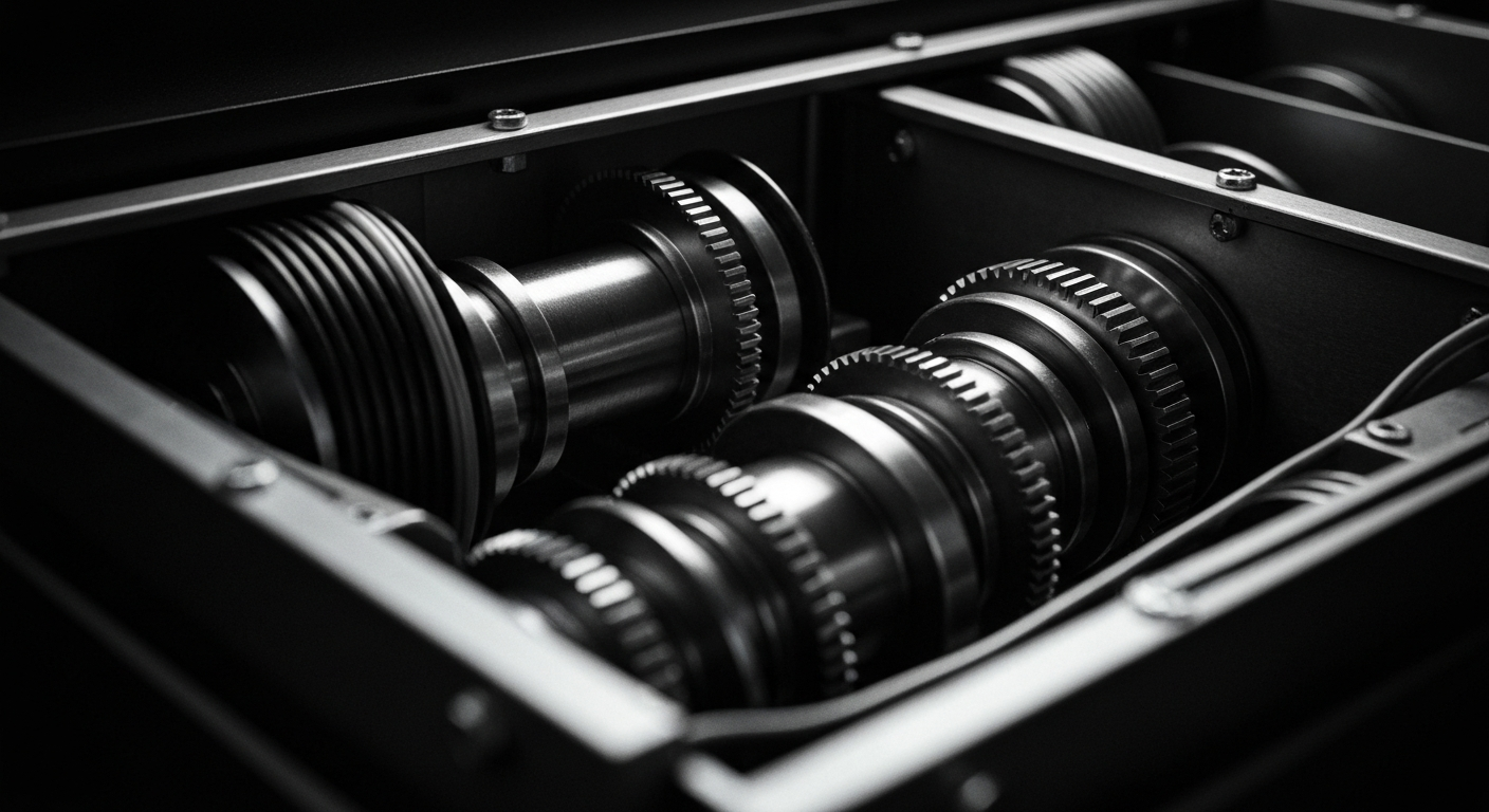 An extreme close-up of the intricate gears and machinery inside a cryptocurrency mining rig, rendered in a high-contrast, industrial style that conveys the physical power and complexity underlying the digital world of cryptocurrencies.
