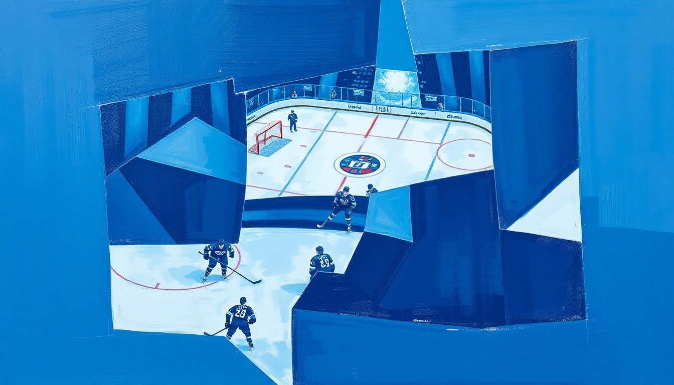 A cubist, geometric painting depicting a Mammoth hockey game, with sharp, overlapping planes of navy, powder blue, and white representing the fast-paced action on the ice.