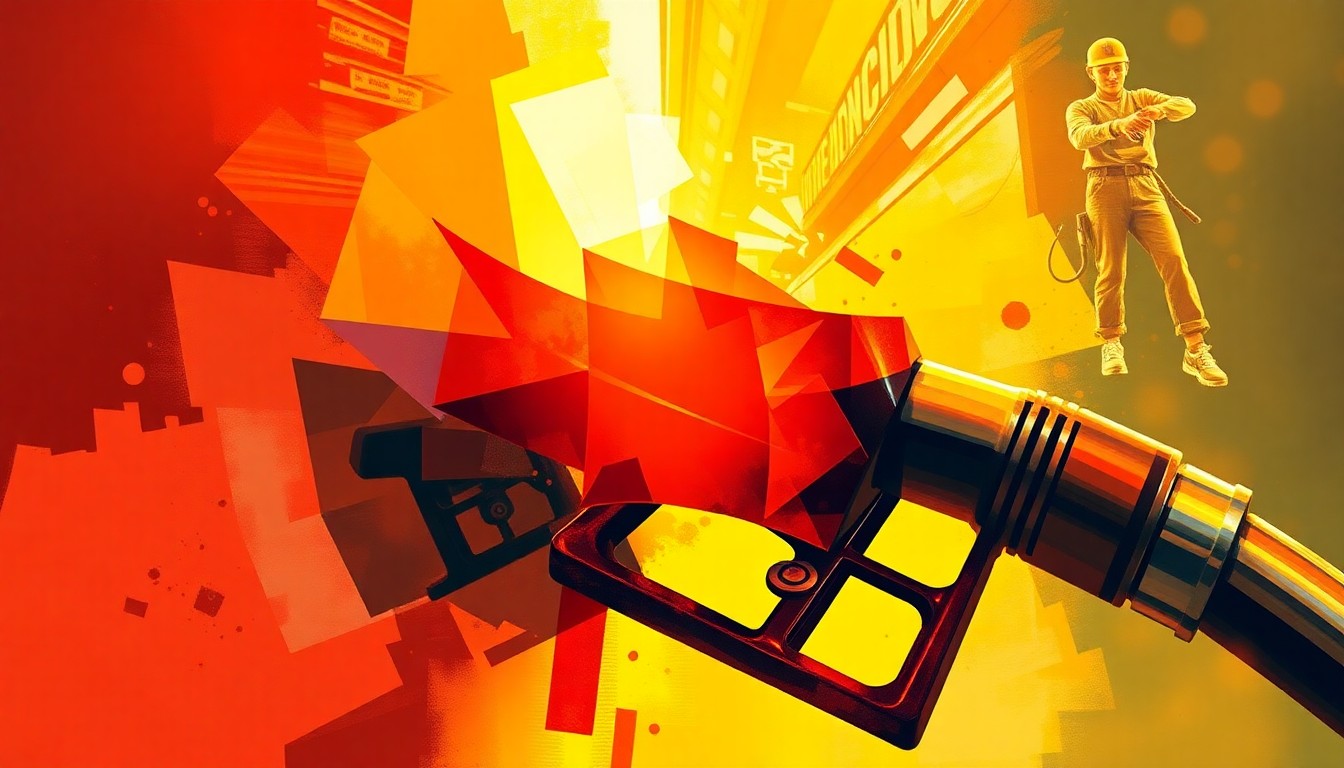 A dynamic, abstract painting of a gas pump handle in overlapping, fractured waves of warm colors, conveying the volatility and uncertainty of rising fuel prices.