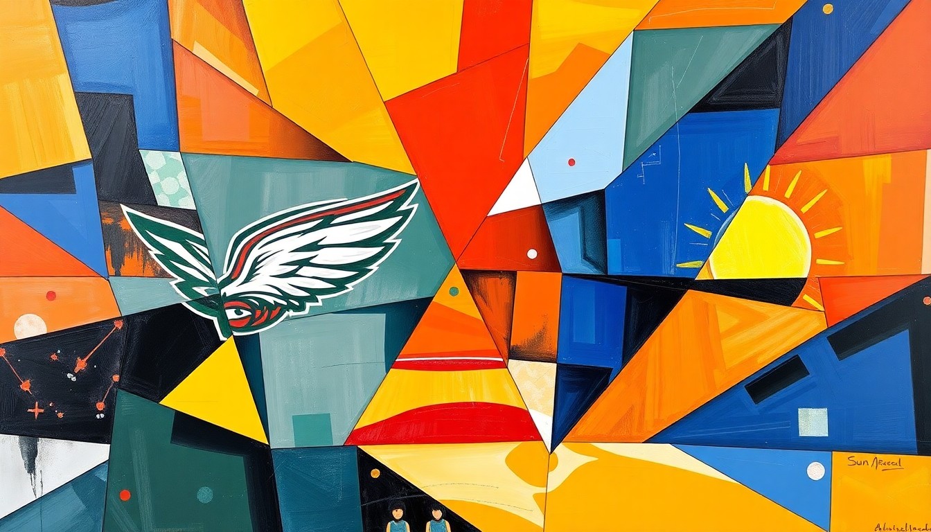 A fragmented, geometric painting depicting a WNBA game or match, with sharp, overlapping planes of color representing the Dallas Wings and Connecticut Sun team colors. The image conceptually illustrates the complex tensions between media coverage and player privacy in professional sports.
