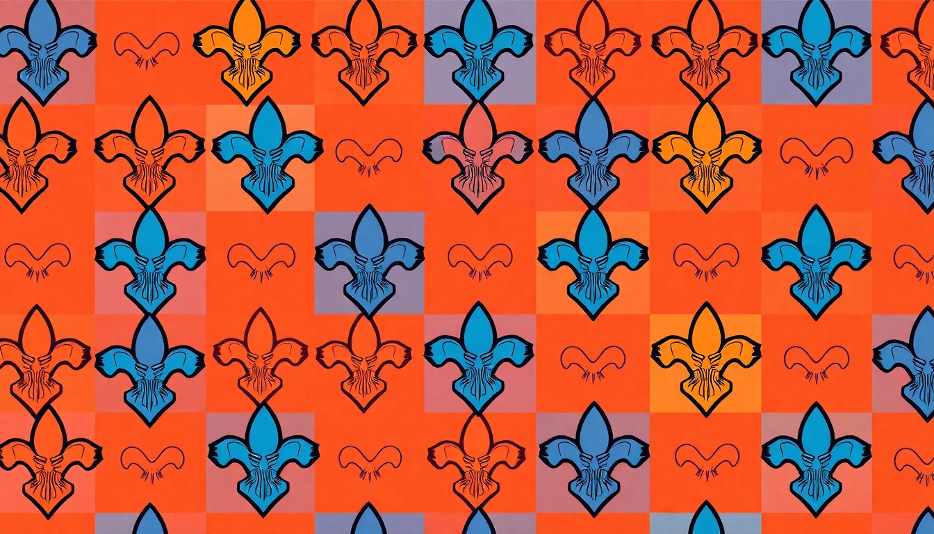 A boldly colored, abstract grid of overlapping Boy Scout uniform patches in neon shades of green, blue, and orange, conceptually representing the energy and tradition of a scouting awards ceremony.