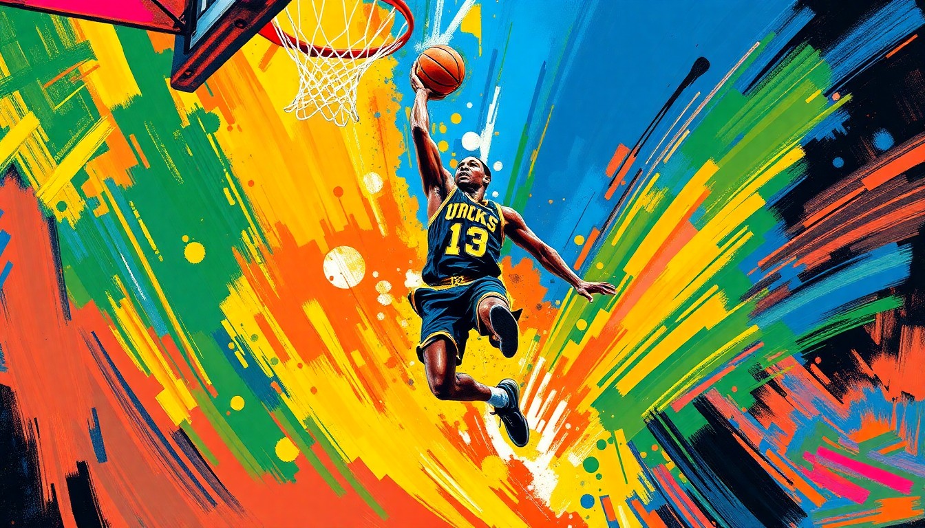 An abstract painting with bold, neon-colored brushstrokes that capture the energy and motion of a basketball player in action, conceptually representing a local talent's potential homecoming to play for the Memphis Tigers.