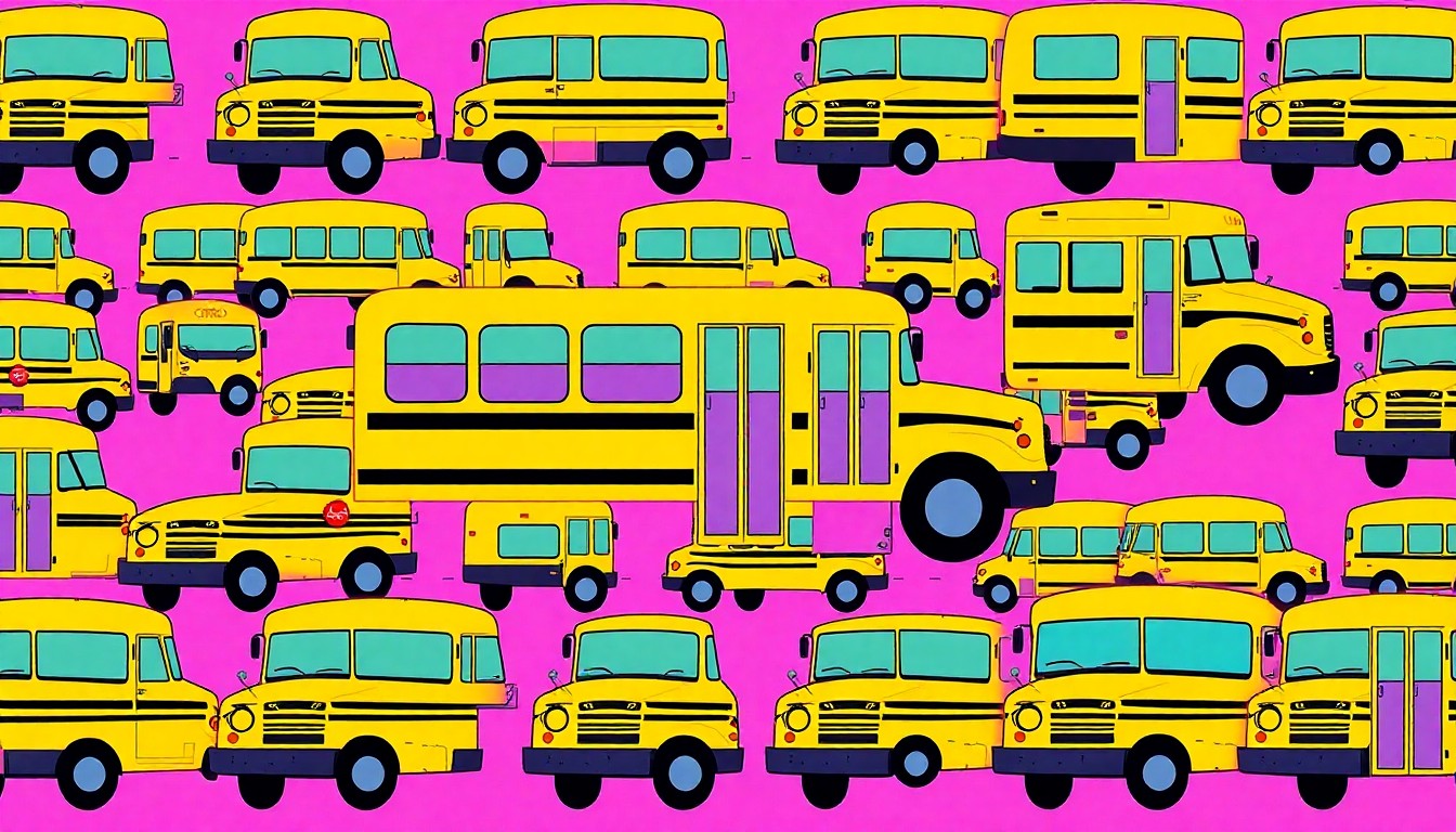 A bold, colorful silkscreen-style illustration featuring a repeating grid of stylized school bus icons in vibrant neon shades, conceptually representing the transportation responsibilities of a school district administrator.