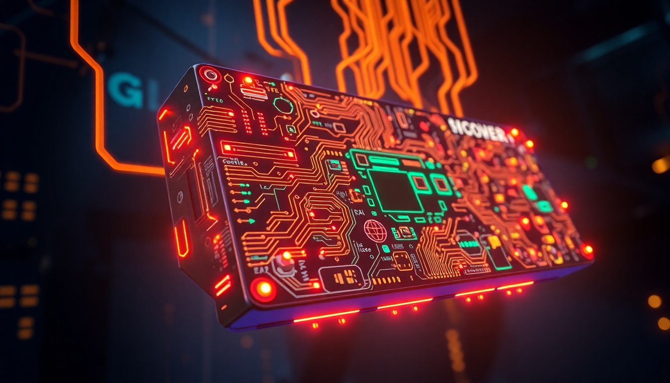 A highly detailed, 3D illustration of a glowing, neon-lit circuit board with pulsing data streams and intricate geometric patterns, representing the complex infrastructure of AI-powered code generation in a dark, atmospheric environment.