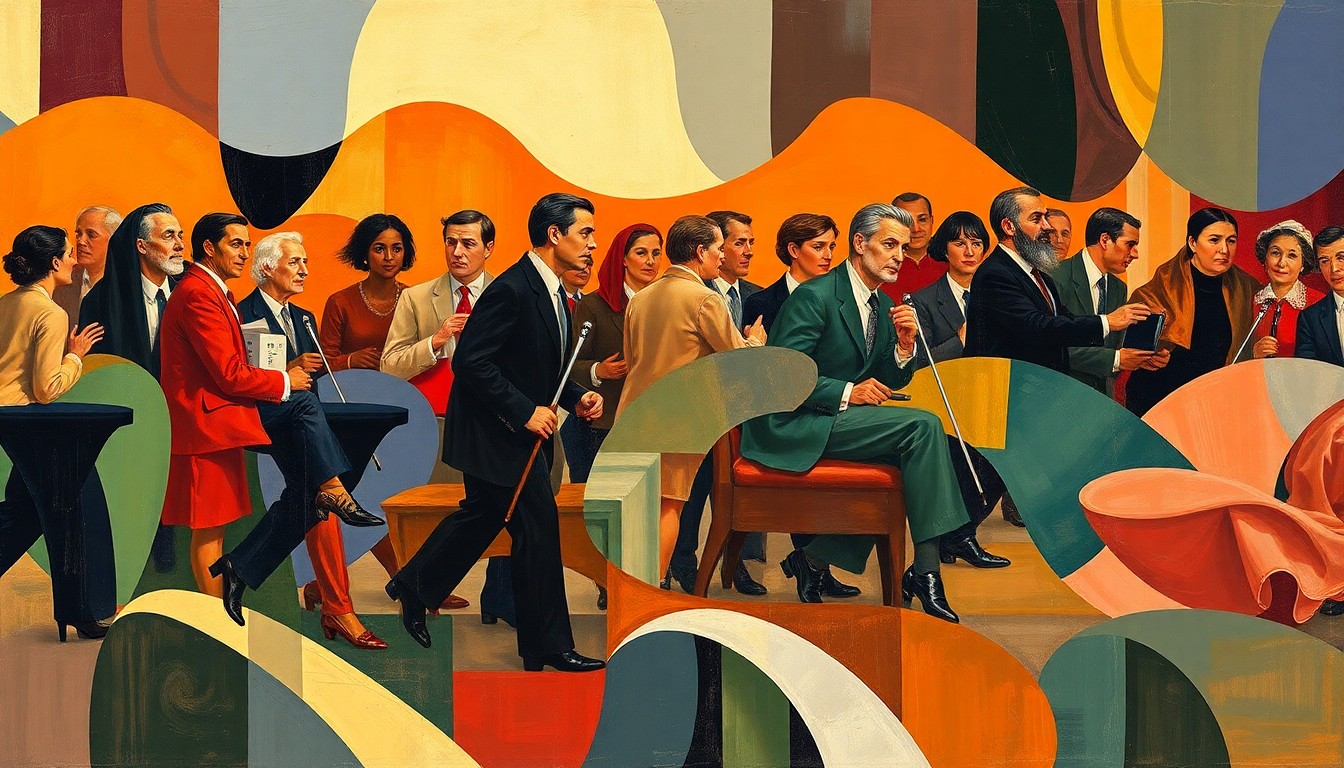 An abstract, fragmented painting in shades of blue, green, and orange, depicting overlapping geometric shapes and lines that suggest the motion and complexity of state-level political issues.