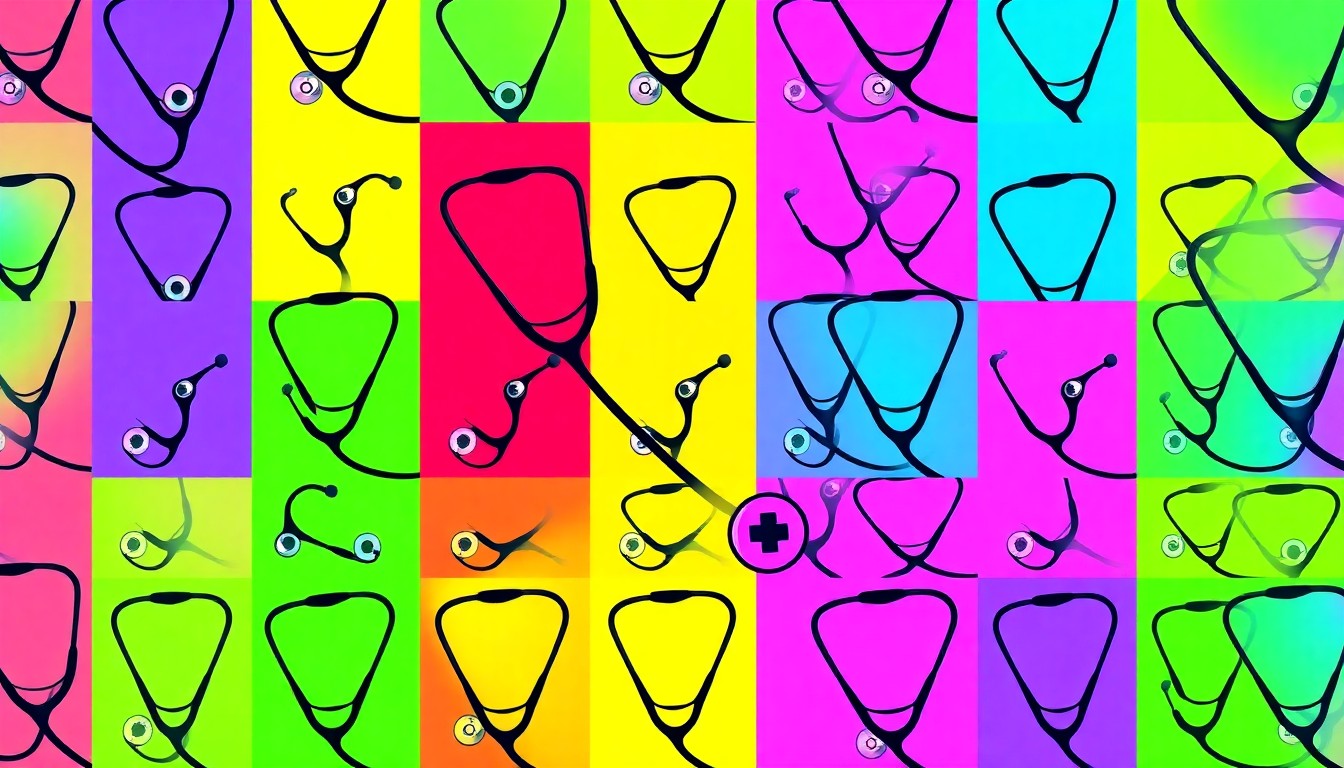 A brightly colored, high-contrast silkscreen print of a medical stethoscope repeated in a tight grid pattern, in the style of Andy Warhol. The image utilizes flat, vibrant, and unnatural neon color palettes overlapping with heavy black photographic outlines to turn an everyday medical object into modern pop art.