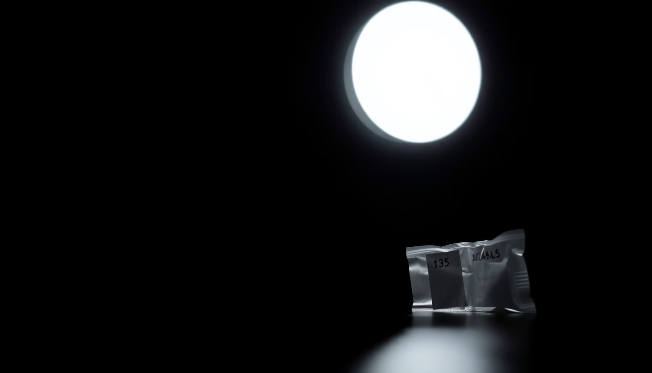 An extreme close-up of a forensic evidence marker, such as a numbered placard or a swab collection kit, lit by a harsh, direct camera flash against a pitch-black background, conceptually illustrating the investigative process for sensitive sex crimes cases.