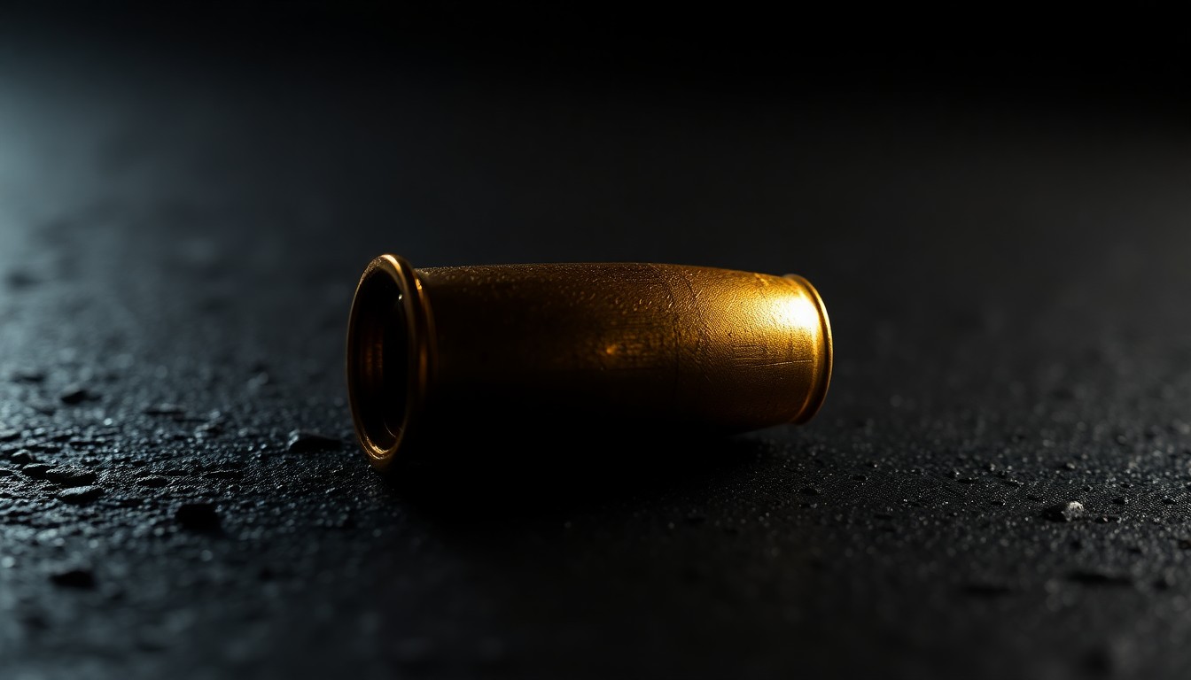An extreme close-up photograph of a spent shell casing on a dark, textured surface, conceptually illustrating the aftermath of a shooting incident.