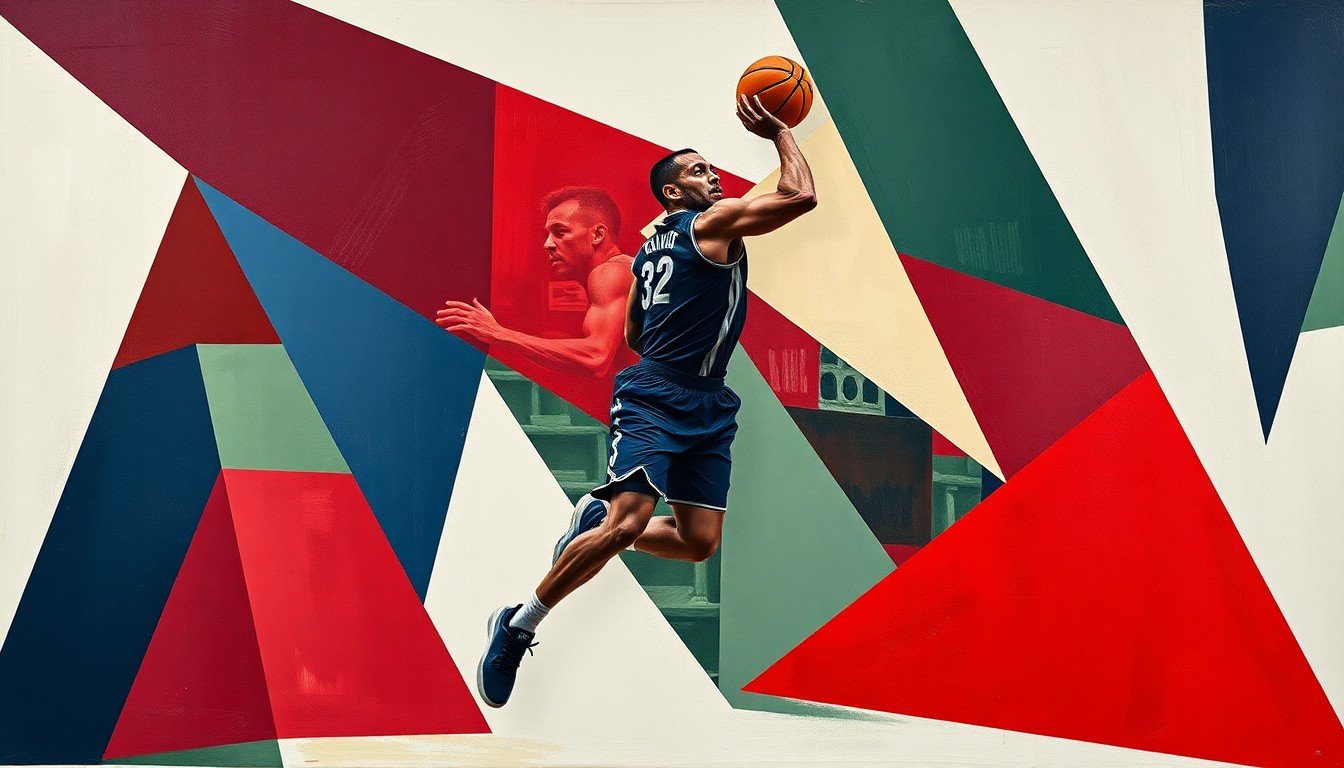 A fragmented, cubist-style painting depicting the silhouette of a basketball player in motion, broken down into sharp, overlapping geometric shapes in deep, earthy colors, conceptually representing the complex roster decisions facing the Cleveland Cavaliers.